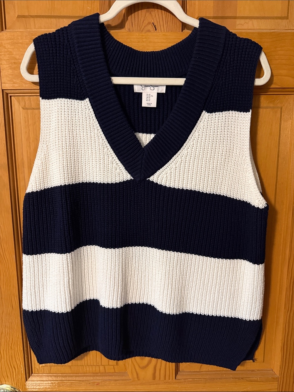 Jessica Simpson Navy and White Striped Sleeveless V-Neck Sweater